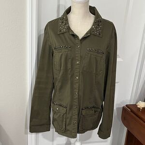Guess Khaki Olive Studded Utility Jacket Snap Front